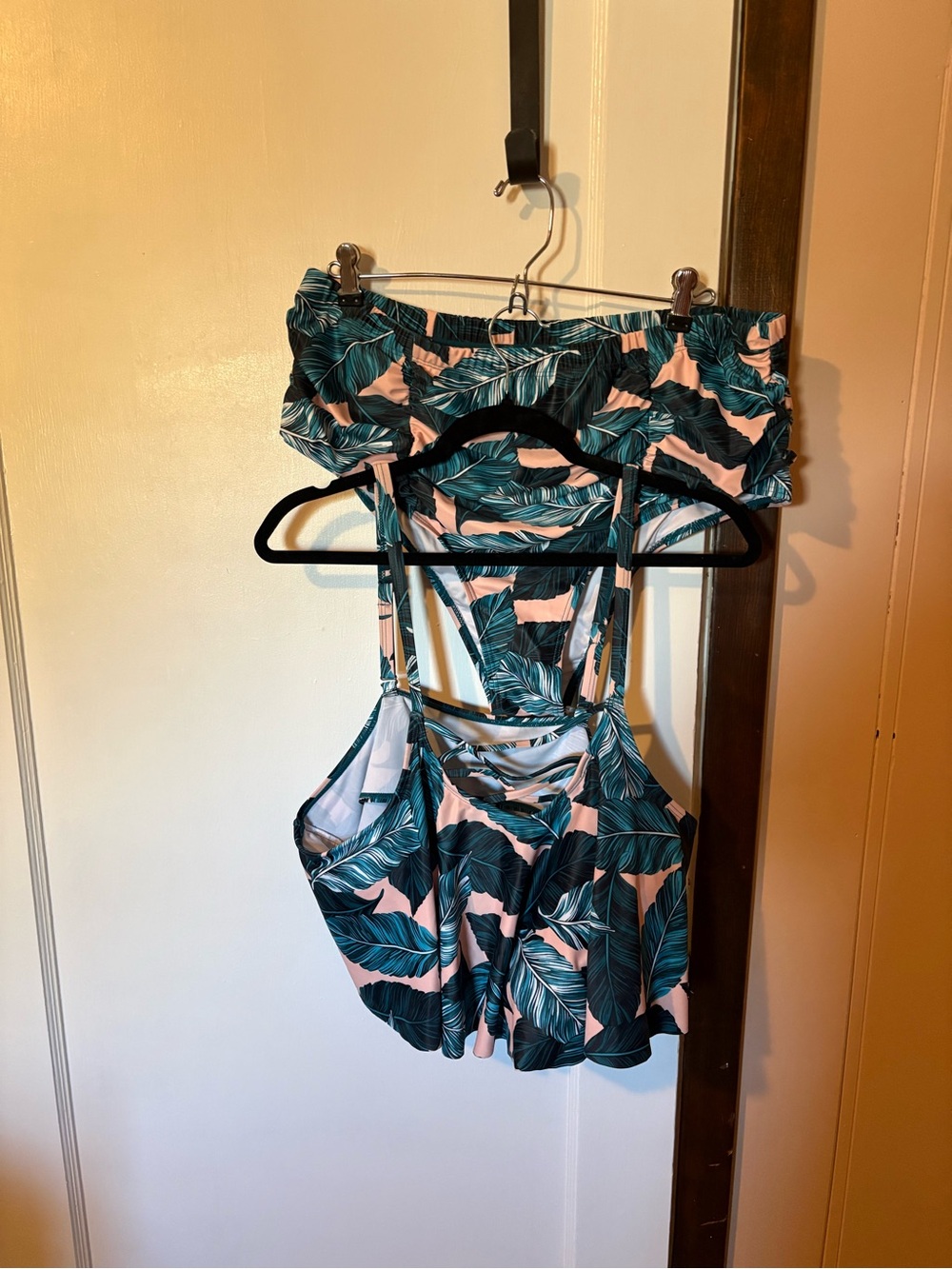 Tropical Leaf Print Two-Piece Swim Set in Teal & Blush